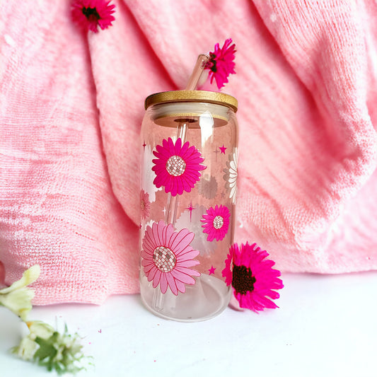 Disco Pink Flowers Iced Coffee Glass Cup