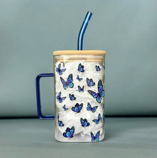 Blue Butterfly Square Glass Iced Coffee Cup