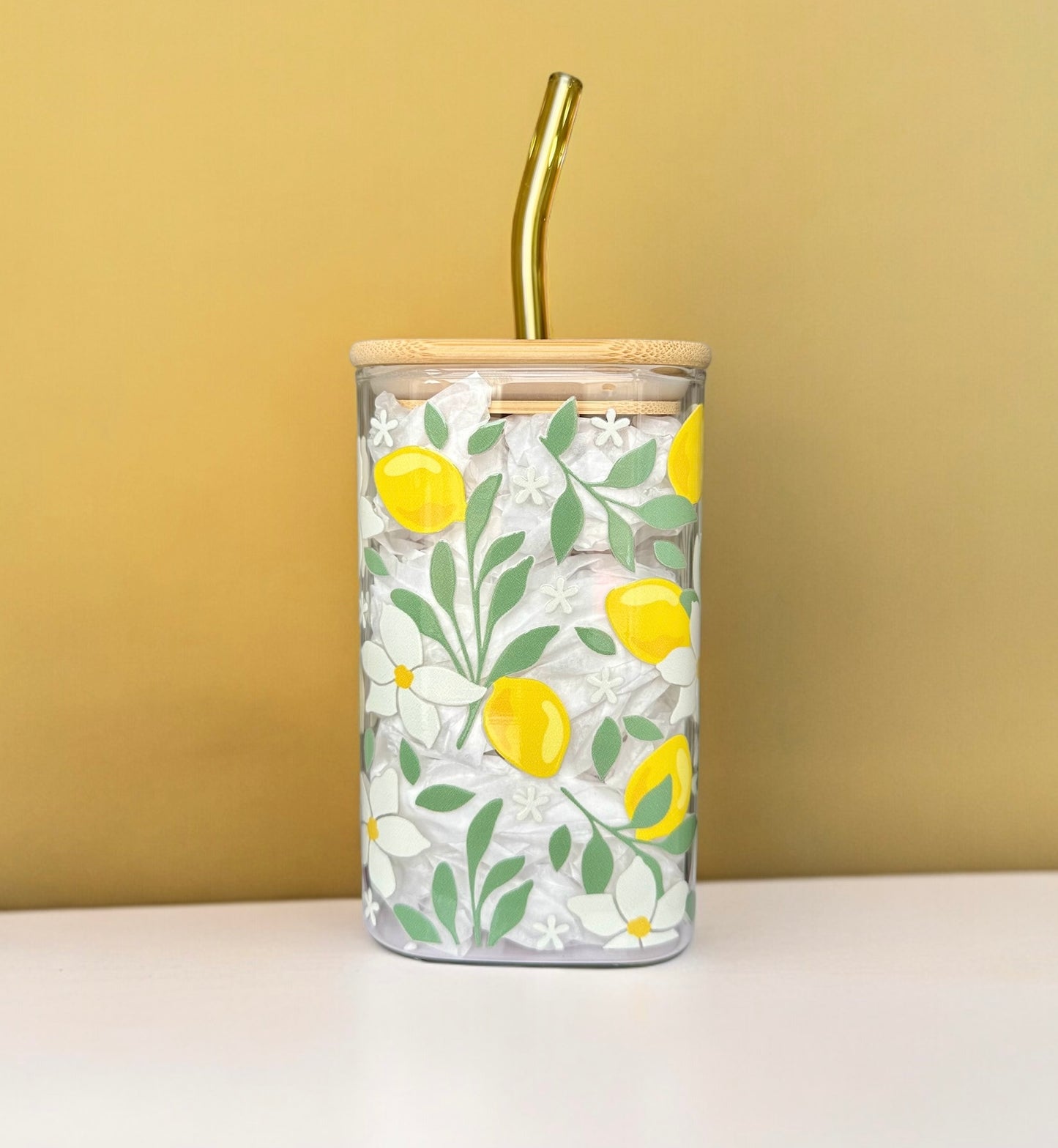 Sweet Lemon Square Glass Iced Coffee Cup