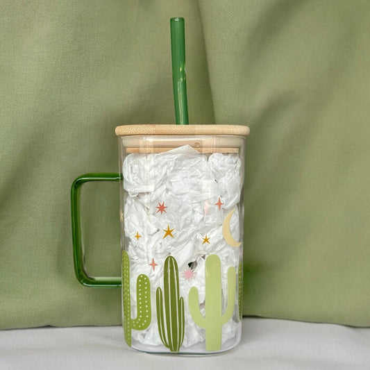 Blooming Cactus Square Glass Iced Coffee Cup