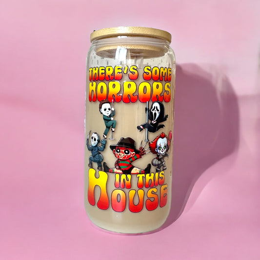 There's Some Horrors In This House Iced Coffee Glass Cup Halloween